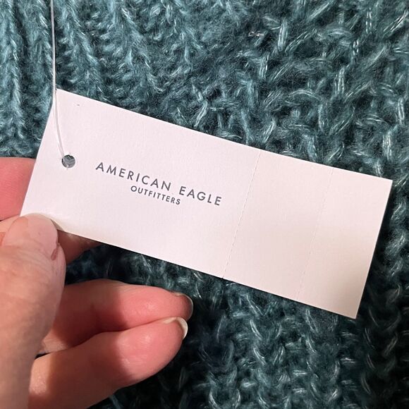 American Eagle Sweater NEW Dark Teal Nylon Acrylic Open Knit Pullover Boho S - Picture 9 of 10